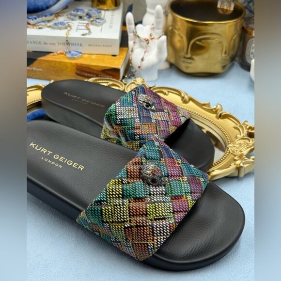 🆕 KURT GEIGER LONDON 🧿 NWOB Meena Eagle Slide, Black Rainbow Weave Sz 39 US8.5 - Picture 10 of 14